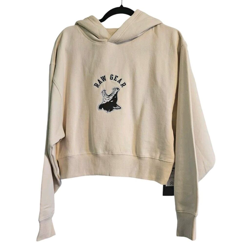 Raw Gear NWT Womens Cropped Hoodie Embroidered Patch Logo Size LG Cream